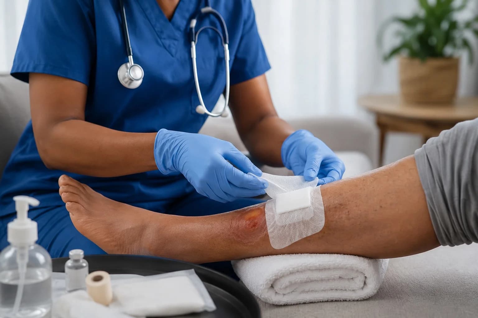 A bandage being applied to a patient's arm